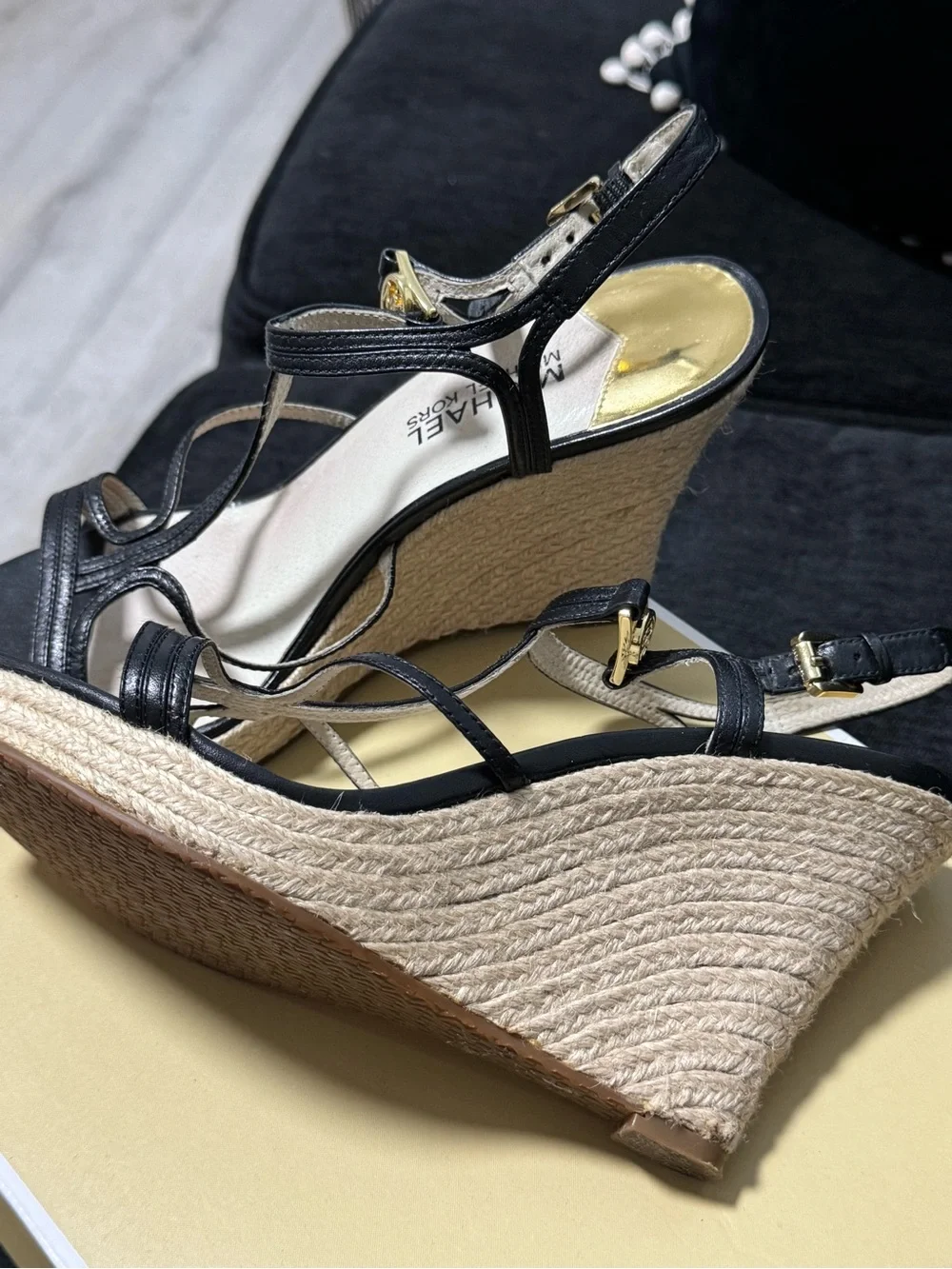 Michael Kors Black Leather Strappy Espadrille Wedges with Gold Accents